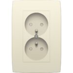 Prise de courant double + plaque, vertical broche de terre et sécurité, crème (ref:100-67700)